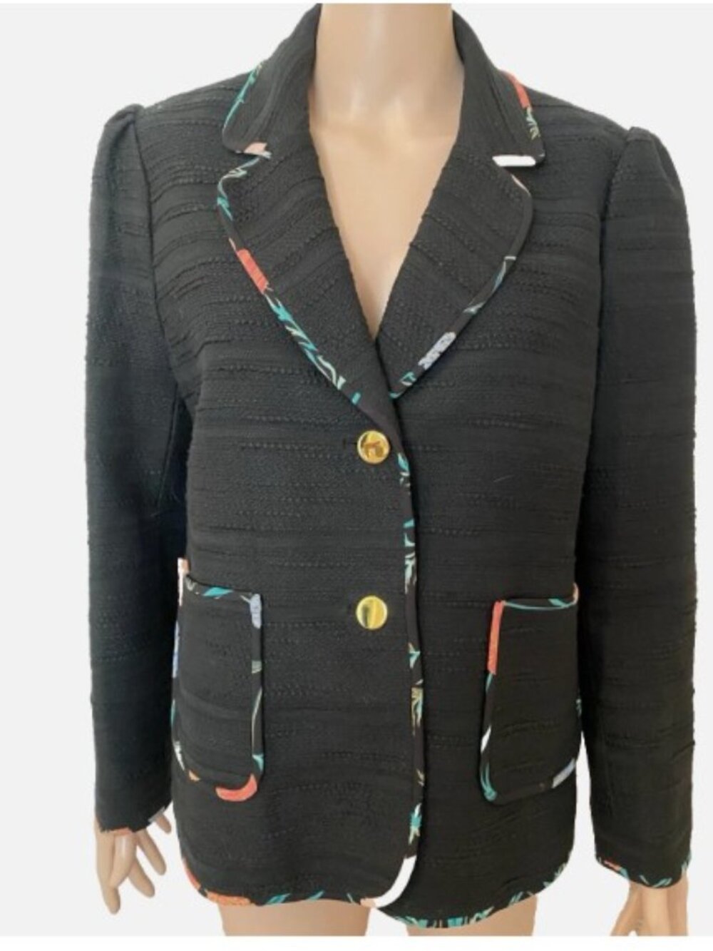 KATE SPADE Blazer Jacket Black Cotton Floral Trim Size 12 - Excellent